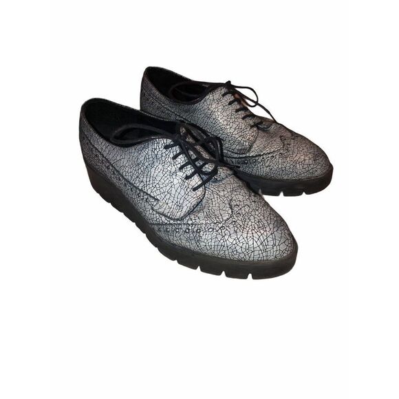 Shellys London Cracked Wingtip Oxford Shoes Womens 38 7 Chunky Platform‎ Gray - Picture 1 of 9